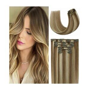 100% Human Hair Extensions 6pcs Clip In Remy 16in Hair Extensions, Bleach Blonde